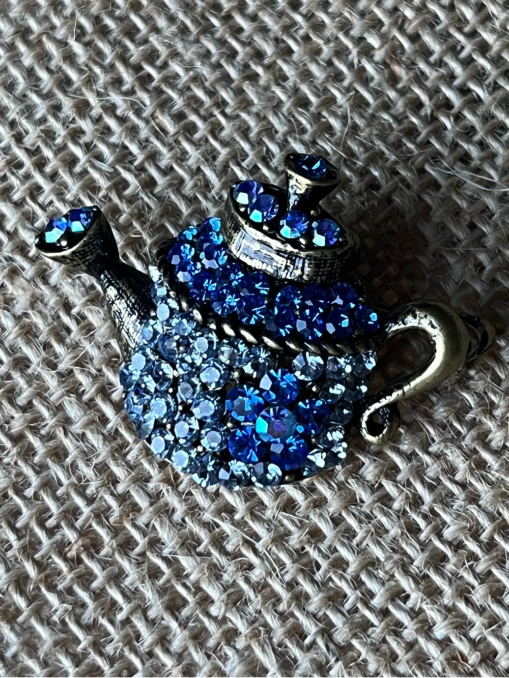 Vintage Tea Kettle Blue Rhinestone Brooch